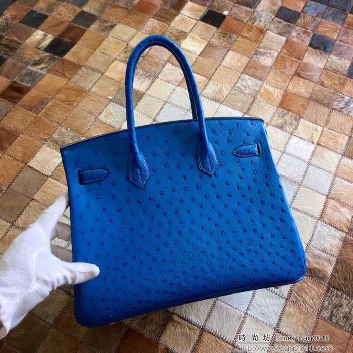 HERMES愛馬仕 鉑金包 Birkin 南非原產KK級鴕鳥皮 頂級工藝 希臘藍 手縫蠟線 手提包  Ama1234